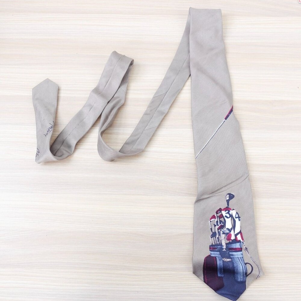 Claude Montana Neck Tie Mens Beige Silk Golf Club Sports Print Paris ITALY